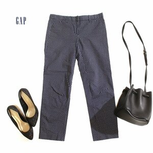 美品 GAP ギャップ ドット柄 パンツ スリム クロップド 1 ネイビー 紺 ホワイト 白 ストレッチ