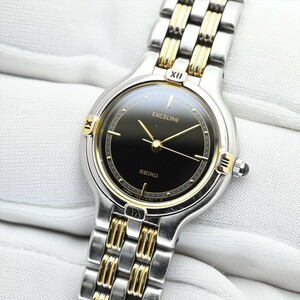 8.SEIKO/エクセリーヌ●1992年製造 7321-0740 クオーツ 電池交換済 レディース 腕時計 純正ベルト ビンテージ 黒ブラック セイコーEXCELINE