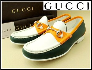 14万新品◆7H=26.5cm◆GUCCI グッチ 白×橙×深緑レザーホースビットローファー1円