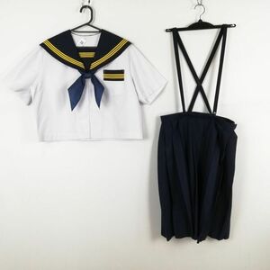 1円 セーラー服 スカート スカーフ 上下3点セット 大きいサイズ 特大 夏物 黄3本線 女子 学生服 静岡浜名中学 白 制服 中古 ランクC NA1455