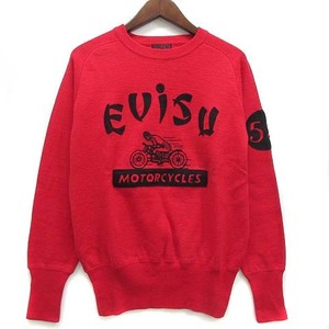 エヴィス EVISU モーターサイクル YAMANE 両面刺繍 ニット クルーネック セーター 長袖 リネン コットン レッド 赤 40 美品 メンズ