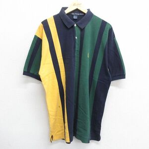 XL/古着 ノーティカ 半袖 ブラント ポロ シャツ メンズ 90s ワンポイントロゴ 鹿の子 コットン 緑他 グリーン ストライプ 24