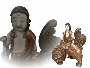 R0477 九谷焼 古九谷 文殊菩薩像 赤絵金彩 置物 縁起物 仏像 仏教美術 時代物