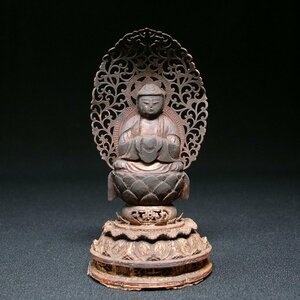 慶應◆時代仏教美術 安土桃山～江戸時代初期 一木造 木彫如来坐像 小仏 金銅光背 高さ11cm