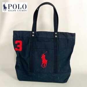 【中古】POLO RALPH LAUREN ポロ ラルフローレン トートバック RH 41281 ビッグポニー赤刺繍 ネイビー色