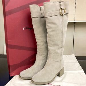 【フェラガモ】本物 FERRAGAMO 靴 23.5cm ガンチーニ ロングブーツ カジュアルシューズ スエード 女性用 レディース 伊製 6 C 保存袋 箱付