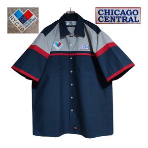 RED KAP 半袖ワークシャツ size L ネイビー グレー 裾タグ ゆうパケットポスト可 胸 ワッペン CHICAGO NYC19 古着 洗濯 プレス済 m67