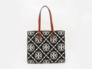 ☆◇美品【TORY BURCH トリーバーチ】Tモノグラム コントラスト トートバッグ ネイビー×アイボリー