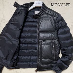 極美品★ MONCLER モンクレール JEANDAT ラムレザー切替 ダウンジャケット ライダース ブルゾン Mサイズ 羊革 Wジップ ブラック 黒 メンズ