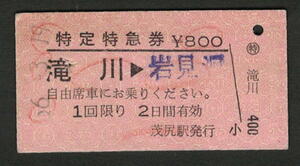 A型特定特急券 茂尻駅発行 滝川から 昭和50年代（払戻券）