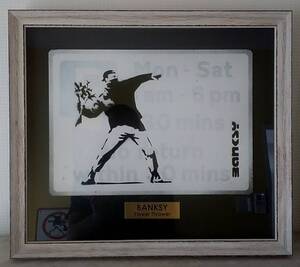 Banksy(バンクシー)のロードサイン、ホワイトキャンバス『Flower Thrower』道路標識。英コレクター所蔵■Weston-super-mareのステッカー有