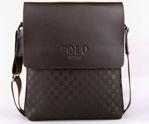 1円～ POLO VIDENG 新品 メンズ ショルダーバッグ ブラウン茶 高級PUレザー 市松模様 チェック柄 大人気ブランド 多機能 /上質 質感 格安