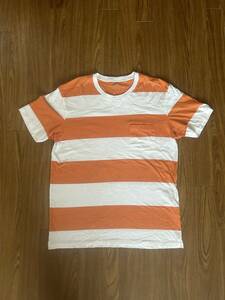 ◆ユニクロ　UNIQLO　Tシャツ　ボーダー　オレンジ×白　サイズL　胸ポケット　大き目　綿100％