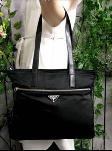 1円スタート★ プラダ　PRADA トートバッグ テスートナイロン×サフィアーノレザー　ネイビー×ゴールド