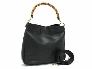 1円 ■美品■ GUCCI グッチ 001 3754 1638 バンブー レザー 2WAY クロスボディ ハンドバッグ ショルダー 斜め掛け ブラック系 FB5112