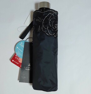 [新品]LANVIN COLLECTIONランバンコレクション　晴雨兼用 軽量 折りたたみ傘　50cm ブラック＆花のアップリケ ブラック