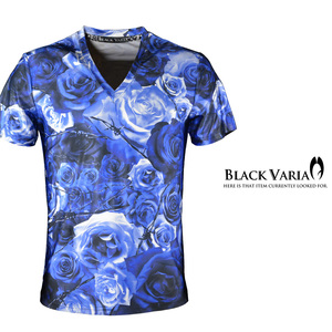 9#bv05-bl BLACK VARIA 薔薇 大輪 花 有刺鉄線 プレミアム Vネック 半袖Tシャツ メンズ(ブルー青) LL ステージ 吸水速乾＆2wayストレッチ