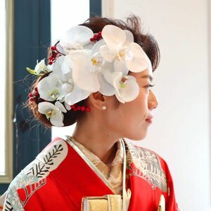 大輪胡蝶蘭　赤い実の髪飾り　成人式・七五三・和婚ブライダル　前撮り　197