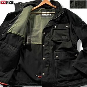 極美品/XXLサイズ●現行タグ DIESEL ディーゼル ミリタリージャケット コットン デニム風 裏地ロゴバンド 肩DSLワッペン 背面BIGロゴ 黒 3L