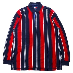 TOMMY HILFIGER 90年代 マルチストライプ ラガーシャツ 長袖ポロシャツ XL ネイビー コットン ビッグサイズ