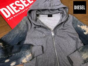 ●サイズM程 DIESEL ディーゼル ヘヴィ ダメージ デニム ブリーチ スウェット パーカー フーディ メンズ レディース 即決 即納 55dsl●773