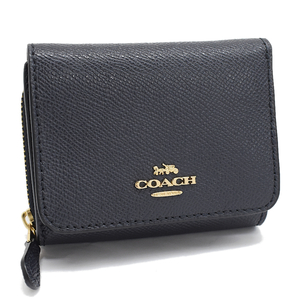 1円 ◆新品同様 COACH コーチ スモール トライフォールド ウォレット 三つ折り財布 F37968 レザー ネイビー◆E.Bmr.oR-20☆