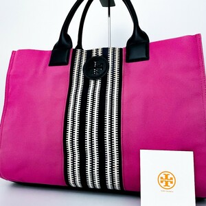 1円■入手困難■Tory Burch トリーバーチ キャンバス エラ ロゴ トートバッグ ビジネス 大容量 A4 レディース メンズ レザー 希少色 ピンク