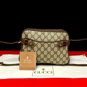 極 美品 GUCCI グッチ オールドグッチ ヴィンテージ シェリーライン GG ロゴ 金具 レザー ショルダーバッグ ポシェット ブラウン 451-5