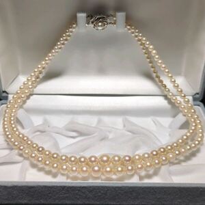 【テリ強 2連 グラデーション】アコヤ真珠 4.0-8.2mm 44cm ホワイト ネックレス 本真珠 アクセサリー SILVER pearl あこや パール