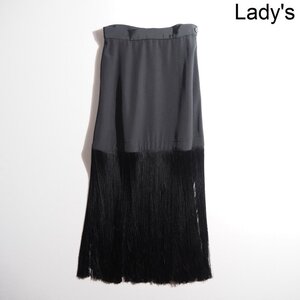 K4875P　▼HYKE ハイク▼　新品同様 14086 FRINGE SKIRT ポリエステルサテン 裾フリンジスカート ブラック 1 / 黒 春夏 rb mks