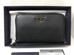 未使用【PRADA】プラダ レザー ラウンドファスナー 長財布 ブラック 元箱 カード付き ゴールドエンブレム