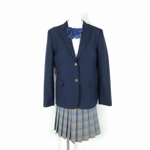 1円 ブレザー チェックスカート リボン 上下4点セット 大きいサイズ 冬物 女子 学生服 東京国分寺高校 紺 制服 中古 ランクC EY8367