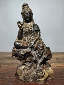 ◆古寳堂◆清 銅製 泥金 朱砂 自在觀音像 仏教古美術 供養品 極細工 古置物 古擺件 中国古美術 時代物 古董品