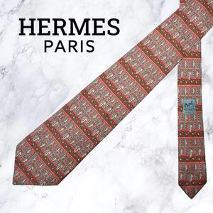 【極美品・送料無料】HERMES エルメス ネクタイ フランス製 レッド系 シルク