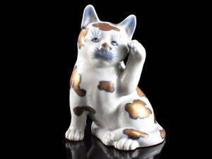 【雲】某名家委託品 古伊万里 縁起物 金彩染付 招き猫 置物 高さ18cm 古美術品(まねきねこ千客万来縁起物)Y4461 LTzcfds