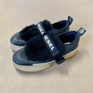 ★ DIESEL ディーゼル スニーカー 革 ファー モコモコ 靴 シューズ ブラック 24cm レディース 0.77kg