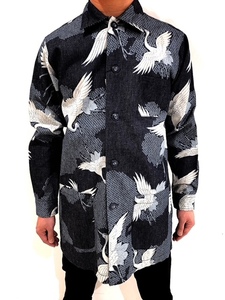 SALE　衣櫻　ころもざくら　舞い鶴　抜染デニム　国産　シャツコート　L　衣桜　大人のシャツ　MADE　IN　JAPAN