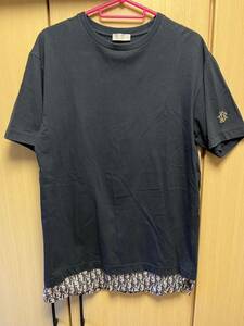 正規 19AW DIOR ディオール KIM JONES キムジョーンズ 金エンブレム ロゴ 刺繍 OBLIQUE オブリーク レイヤード Tシャツ 紺 XS 923J631W8541