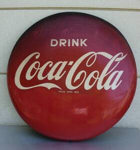 1950年代　当時物　DRINK Coca-Cola　コカ・コーラ　ボタンサイン　赤　レア　ホーロー　琺瑯　大型 看板　丸　83cm　アンティーク　レトロ