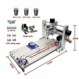 【送料無料】アルミ加工にも対応した4軸フライスのCNC3060。CAD/CAM付属。卓上CNCフライス、切削ルーター