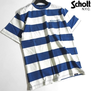 Schott ショット 新品 最旬 インディゴ ボーダー柄 コットン100% 微ストレッチ ポケット Tシャツ カットソー 3193063 84 S ▲022▼kkf0099e