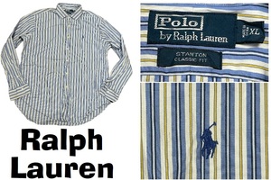 希少USA買付ラルフローレンRalphLaurenスプラッシュカラー長袖ドレスシャツ★ストライプ★XL