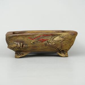 盆栽鉢 嵐山 谷嵐山 小型 長辺 約12.5cm 長方鉢 浮彫 龍図 籠目 竜 リュウ 観賞用 現品 新品