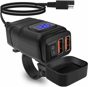 XBERSTAR バイク USB電源 USB充電器 車載充電器 防水 2ポートType-c電源 急速充電 電圧計付 安全ON/OFFスイッチ付 QC3.0過圧保護