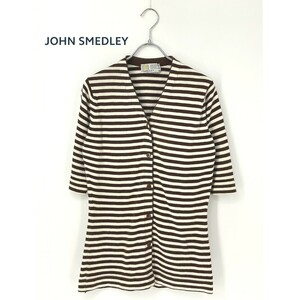 A9629/ビンテージ 旧タグ 90s 訳あり 春夏 JOHN SMEDLEY ジョンスメドレー コットン ボーダー 半袖 ニット カーディガン S 茶 レディース