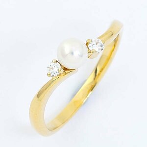 MIKIMOTO ミキモト パール 真珠 4mm K18 イエローゴールド 2Pダイヤモンド リング 指輪 8号 2g 箱付 【新品仕上済】 #17396YR