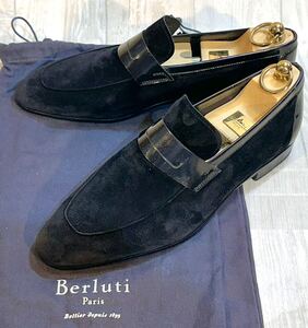 Berluti ベルルッティ◆24.5cm 6◆Uチップ コインローファー 革靴 本革 靴 ビジネスシューズ ドレスシューズ ヌバック ITALY製 黒 メンズ