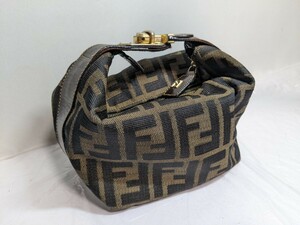 FENDI フェンディ ズッカ柄 化粧 コスメ ポーチ バニティポーチ ハンドバッグ キャンバス レザー ロック金具 ゴールド金具