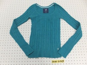 AMERICAN EAGLE アメリカンイーグル レディース ロゴ刺繍 ケーブルニットソー 小さいサイズ XXS 青緑