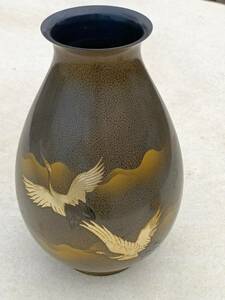 時代物　銀嵌め　銘文　鶴紋古銅瓶